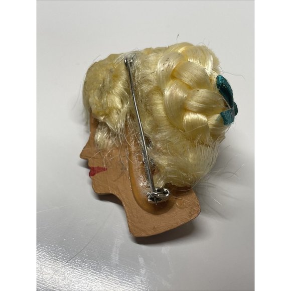 Vintage Girl with‎ Painted Face Brooch Pin Barbie Like Hair Side Profile Blond